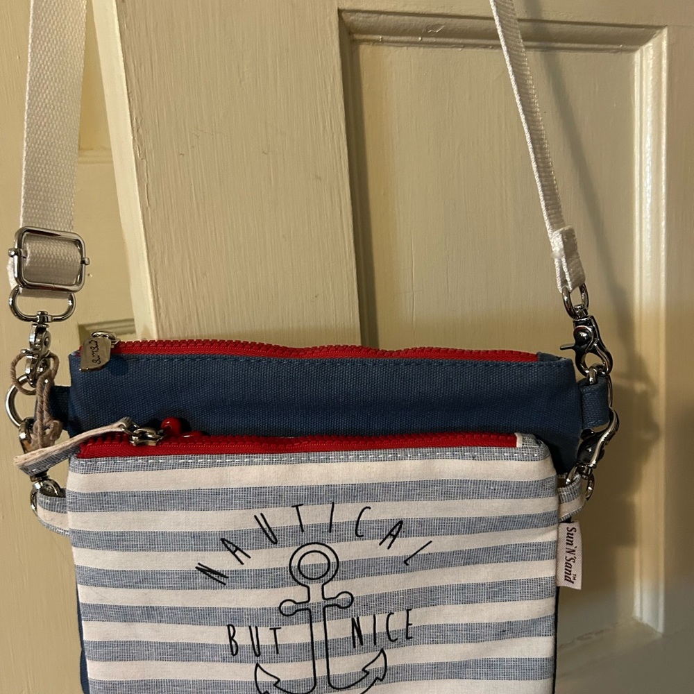 Nautical themed cross body bag with attached pouch by Sun n’ Sand.